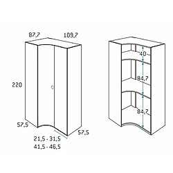 Inside 75 Armoire d'angle porte courbe à gauche 109,7 x 220 cm finition chêne blanchis intérieur double