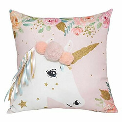 Coussin Déco Enfant Licorne Ruban 40x40cm Rose