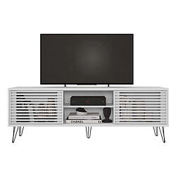 Pegane Meuble TV en bois avec 2 portes coloris blanc - longueur 180 x profondeur 36 x hauteur 46 cm