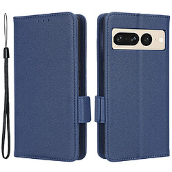 Etui en PU texture litchi, fermoir magnétique double, anti-chocs avec support pour votre Google Pixel 7 Pro 5G - bleu foncé