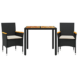 vidaXL Ensemble à manger de jardin et coussins 3 pcs noir rotin acacia