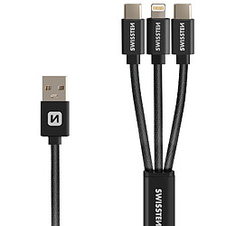 Swissten Câble 3 en 1 USB vers iPhone Lightning et USB-C Transfert de Données Noir