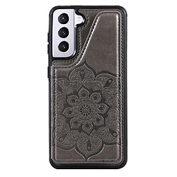 Coque en TPU + PU motif fleur, anti chute avec béquille et porte-cartes gris pour votre Samsung Galaxy S21 5G