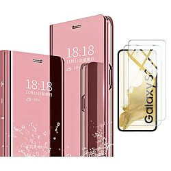 Coque Rabat Miroir Rose + 2 Verres Trempes Pour Samsung Galaxy S22 Plus 5G Little Boutik®