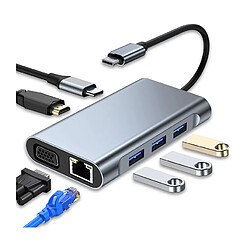 Chrono Hub USB C, Adaptateur USB C Multiport 7 en 1 avec 4K HDMI VGA USB 3.0 100W PD et Ethernet RJ45, argent