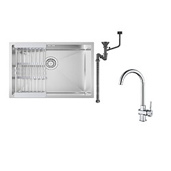 Auralum max Évier Cuisine 1 Bac 60*44*20CM,inox,sous-plan ,avec Panier Drainage,Nano Silver+Robinet Cuisine Chromé Pivotant 360° Eau Froide/Chaude