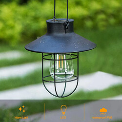 BESTA Lanterne solaire à suspendre avec crochet, lampe solaire à LED vintage avec blanc chaud, cage en acier, lanterne solaire à énergie solaire étanche pour jardin, cour, patio, clôture, décor - Noir