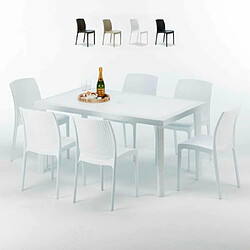 Table Rectangulaire Blanche 150x90cm Avec 6 Chaises Colorées Grand Soleil Set Extérieur Bar Café Boheme SummerLIFE, Couleur: Blanc