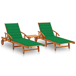 Helloshop26 Lot de 2 transats chaise longue bain de soleil lit de jardin terrasse meuble d'extérieur avec table et coussins acacia solide 02_0012108