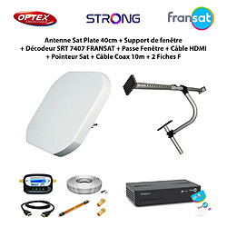 Optex Antenne Sat Plate 40cm + Support de fenêtre + Décodeur SRT 7407 FRANSAT + Passe Fenêtre + Câble HDMI + Pointeur Sat + Câble Coax 10m