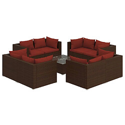 vidaXL Salon de jardin 9 pcs avec coussins résine tressée marron