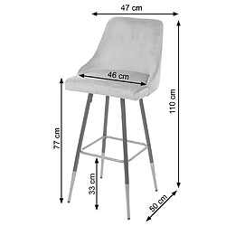 Mendler 2x tabouret de bar HWC-E70, chaise de bar/comptoir, design rétro, velours, haubans/pieds dorés ~ gris