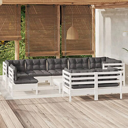 Maison Chic Salon de jardin 10 pcs + coussins - Mobilier/Meubles de jardin - Table et chaises d'extérieur blanc bois de pin massif -MN10504