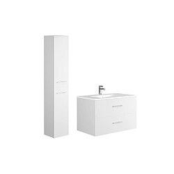 Avis Vente-Unique Meuble de salle de bain suspendu simple vasque avec colonne de rangement - Coloris blanc - 80 cm - KAYLA