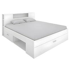 Avis Vente-Unique Lit avec tête de lit rangements et tiroirs - 160 x 200 cm - Coloris : Blanc + Sommier + Matelas - LEANDRE