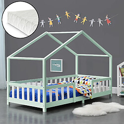 Lit d'enfant Treviolo Forme Maison avec Matelas à Mousse à Froid 200 x 90 cm Menthe Blanc [en.casa]