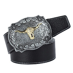 Ceinture En Cuir De Cow-boy Occidental Pour Homme Avec Boucle De Tête De Vache Arabesque Noir