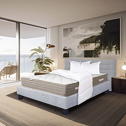 LUXURY LITERIE Ensemble matelas Dreamlux 140x200 cm + sommier gris ep20cm + 2 oreillers + couette + Tête de Lit