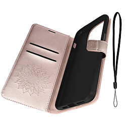 Avizar Étui Mandala Fleur pour iPhone 14 Pro Max Portefeuille Support vidéo Rose Gold