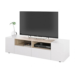 Meuble TV décor blanc et chêne - Dim : L 138 x P 42 x H 34 cm -PEGANE-