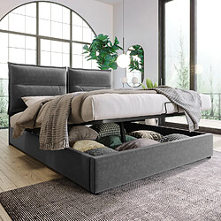 Sweiko Lit coffre double 140x200 cm - sommier à lattes avec structure en métal, tête de lit réglable, tissu velours - Gris Espace de stockage supplémentaire 