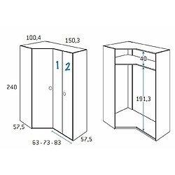 Inside 75 Armoire d'angle pan-coupé 2 portes 150,3 x 240 cm finition chêne blanchis porte droite pliante 1 étagère