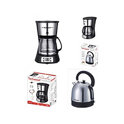 Pack Déjeuner Cafetière et Bouilloire Inox Programmable 1.5L 1000W + 1.8L 2200W Retro Gris TECHWOOD