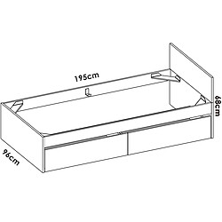 Pegane Lit adulte couchage 90X190 coloris chêne naturel, blanc avec 2 tiroirs - Longueur 194 x Profondeur 95 x Hauteur 67 cm