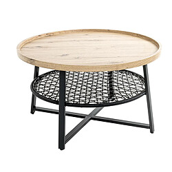 Pegane Table basse, Table de salon ronde en bois chêne et métal noir - diamètre 75 x hauteur 45 cm