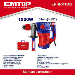 Marteau perforateur filaire 1500W EMTOP Système de mandrin SDS plus anti-vibration avec 3 forets et 2 burins 1 ensemble de balais de charbon + Boîte en plastique+EMTOP