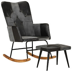 Maison Chic Chaise à bascule et repose-pieds | Fauteuil Relax, design moderne Marron Noir véritable et toile -GKD73670