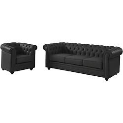 Acheter Vente-Unique Canapé 3 places et fauteuil en cuir de buffle CHESTERFIELD - Noir