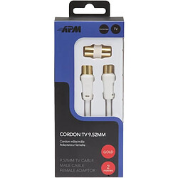 APM Cordon TV - Mâle/Mâle - 9,52mm - Blanc - 2m + Adaptateur Femelle