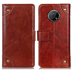 Etui en PU texture nappa, bouton décoratif en laiton, marron pour votre Nokia G300