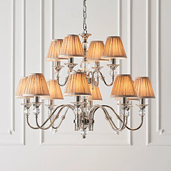 Interiors 1900 Suspension 12 ampoules Polina, nickel et cristal, abat-jour beiges