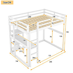 ComfortXL Lit Mezzanine Avec Espace De Rangement, Entièrement En Pin, Avec 4 Étagères Et Un Bureau, Blanc, 140