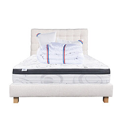 LUXURY LITERIE Ensemble matelas Sleeplux 160x200 cm + sommier beige ep20cm + 2 oreillers + couette + Tête de Lit