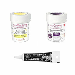 Scrapcooking 2 colorants alimentaires violet-jaune pastel + Stylo glaçage noir