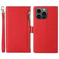 Etui en PU texture litchi, anti-écaillage avec pochette à fermeture éclair et sangle pour votre iPhone 14 Pro Max - rouge