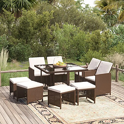 Maison Chic Ensemble à manger d'extérieur 9 pcs avec coussins,Salon de jardin,Mobilier de jardin Poly rotin Marron -GKD812159