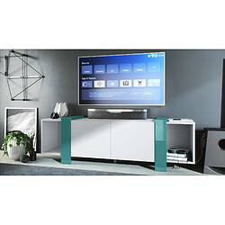 Mpc Meuble TV Blanc Mat Et Pétrol Laqué (lxhxp) : 149 X 45,5 X 34 Cm