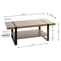 Pegane Table basse, Table de salon en bois coloris chêne et métal noir -longueur 120 x profondeur 60 x hauteur 45 cm