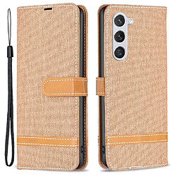 Etui en PU antichoc, texture en jean, épissage de couleurs avec support pour votre Samsung Galaxy S23 - marron