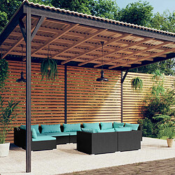 vidaXL Salon de jardin 9 pcs avec coussins Noir Résine tressée