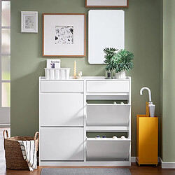 SoBuy FSR169-W Meuble à Chaussures Meuble d'entrée Meuble de Rangement à Chaussures pour Petite Entrée Couloir, Blanc, 2 Tiroirs et 4 Portes, 98x19x95cm