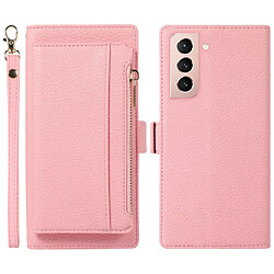 Etui en PU texture litchi, 2-en-1 magnétique, anti-chute avec pochette à fermeture éclair et sangle pour votre Samsung Galaxy S21 FE 5G - rose