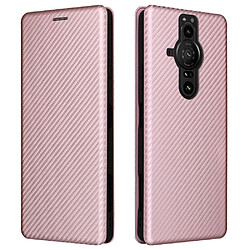 Coque en TPU + PU texture en fibre de carbone, auto-absorbant, fermeture magnétique avec support et lanière or rose pour votre Sony Xperia Pro-I