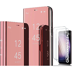 Coque Folio Rabat Miroir Pour Samsung Galaxy S23 Plus Couleur Rose + 2 Verres Trempe Protection Ecran Little Boutik©