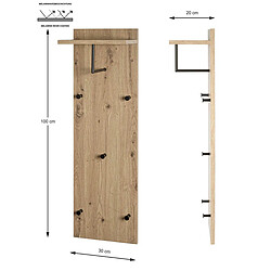 Pegane Garderobe murale, Patère murale en bois coloris chêne et métal noir -longueur 30 x profondeur 20 x hauteur 100 cm