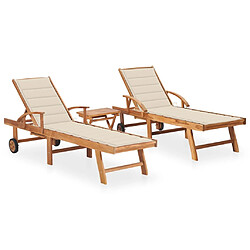 Helloshop26 Lot de 2 transats chaise longue bain de soleil lit de jardin terrasse meuble d'extérieur avec table et coussin bois de teck solide 02_0012080